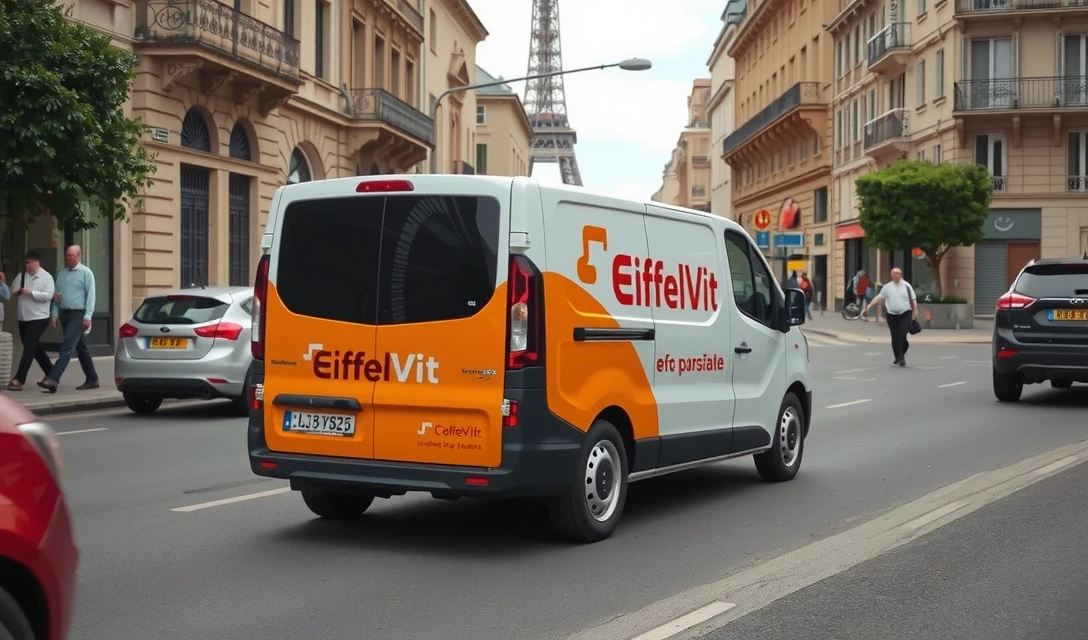 Camion de livraison moderne traversant les rues de Paris près de la Tour Eiffel
