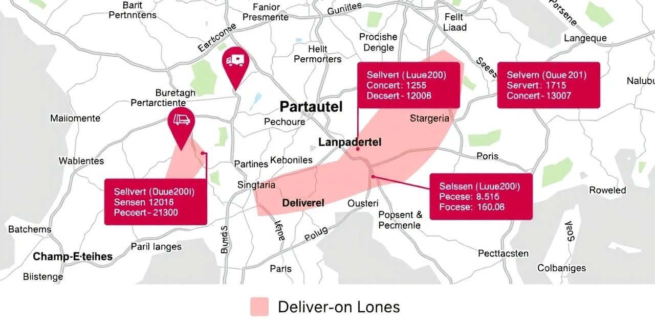 Carte interactive montrant les zones de livraison autour de Paris avec des marqueurs pour les délais de livraison