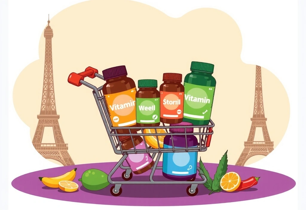 Illustration du panier d'achats avec des bouteilles de vitamines
